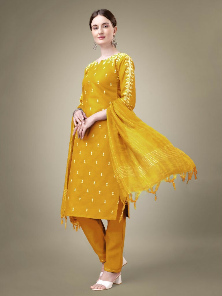 Jyoti Fashion Women's Yellow Cotton Blend Embroidery & Sequence work Kurta with Trouser & Dupatta | Grocsy