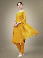 Jyoti Fashion Women's Yellow Cotton Blend Embroidery & Sequence work Kurta with Trouser & Dupatta | Grocsy