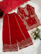 Teeya Creation New Trendy Fully Stitched Ready to Wear Kids Kurta Palazzo Set-Red | Grocsy
