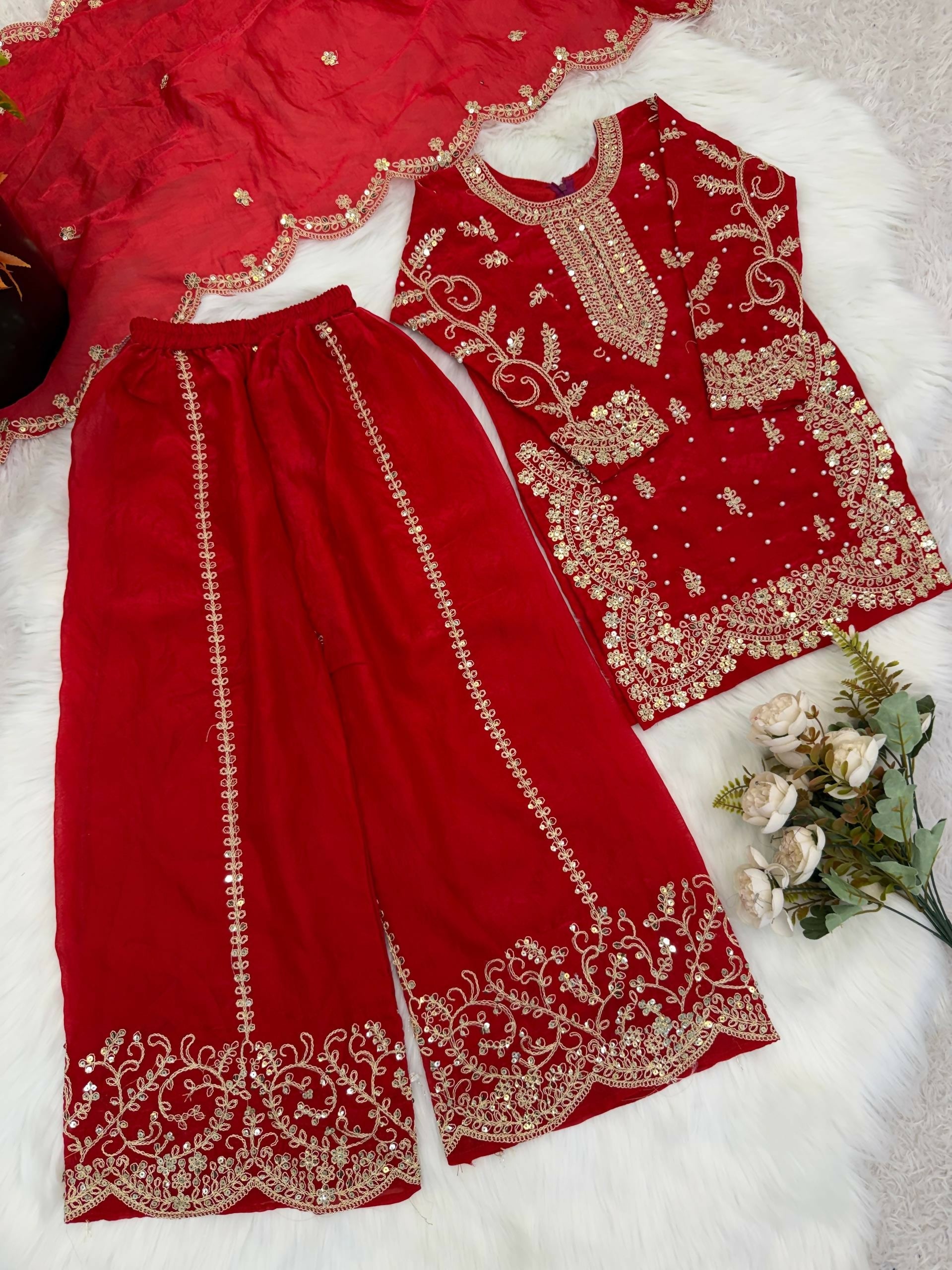 Teeya Creation New Trendy Fully Stitched Ready to Wear Kids Kurta Palazzo Set-Red | Grocsy