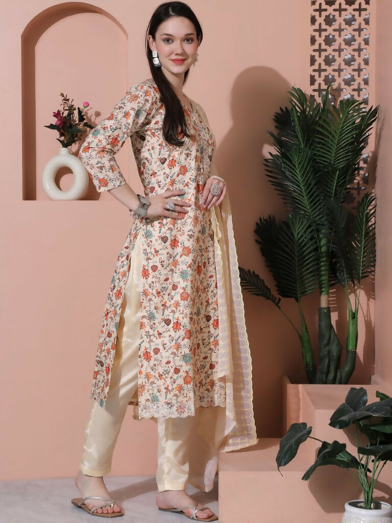 Jyoti Fashion Women's Beige Cotton Floral Digital Printed Kurta with Trouser & Dupatta | Grocsy