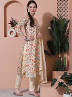 Jyoti Fashion Women's Beige Cotton Floral Digital Printed Kurta with Trouser & Dupatta | Grocsy
