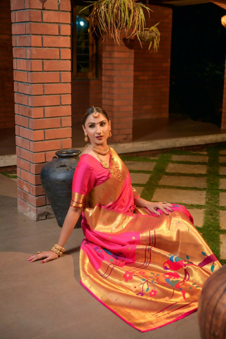 Jyoti Fashion Women's Baby Pink Paithani Silk Zari Woven Saree with Blouse | Grocsy