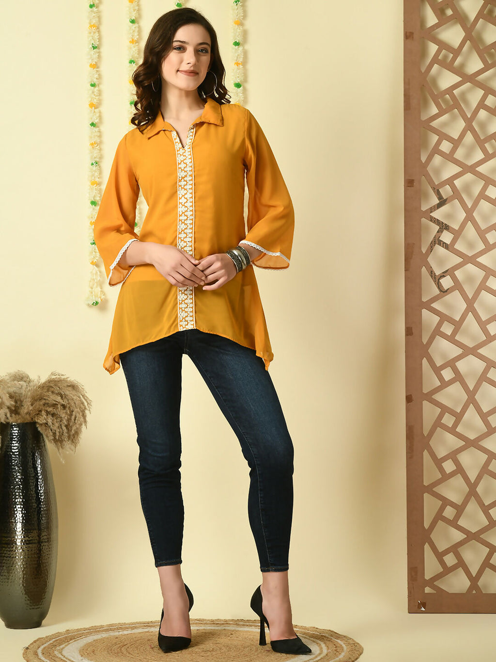 Myshka Women's Mustard Embroidered Party Fusion Top | Grocsy