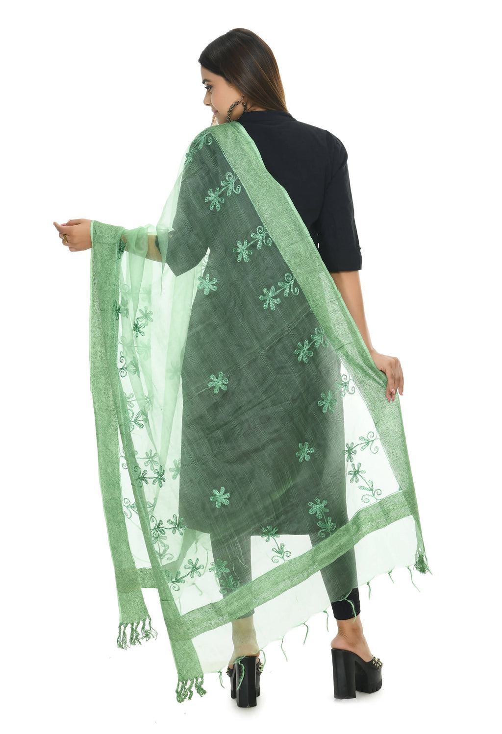 Mominos Fashion Moeza Orgenza Pista Green Chikan Work Dupatta | Grocsy