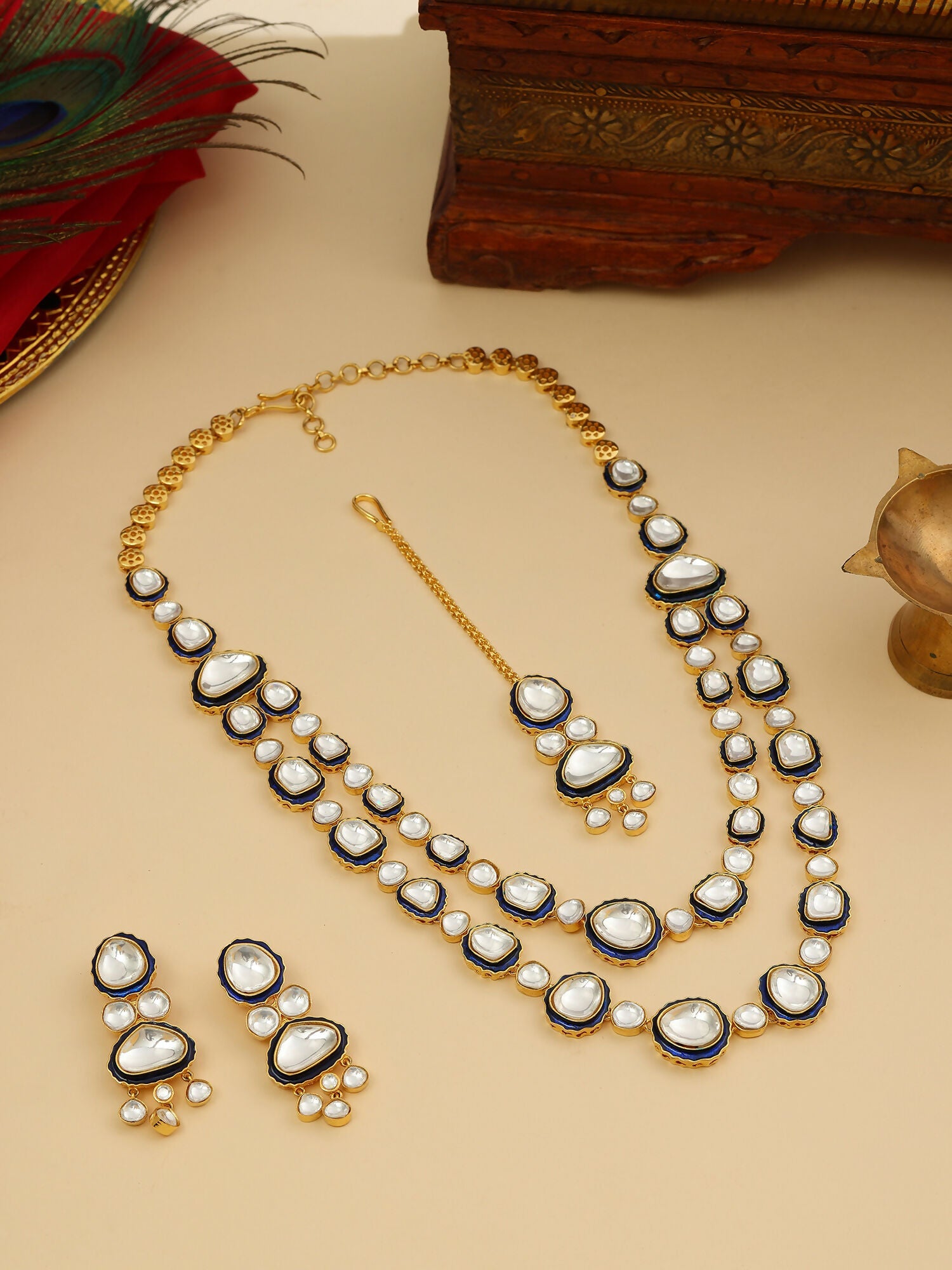 Ruby Raang 22k Gold Polished Blue Meenakari Kundan Layered Necklace With Earrings & Maang Tikka | Grocsy