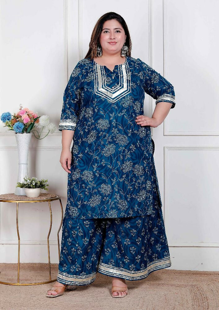 Miravan Plus Size Women'S Cotton Floral Printed V-Neck Kurta With Flared Palazzo | Grocsy
