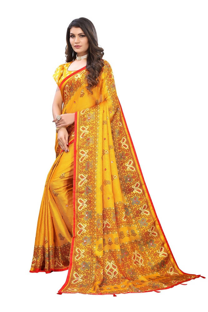 Vamika Yellow Jute Silk Mirror Work Saree | Grocsy