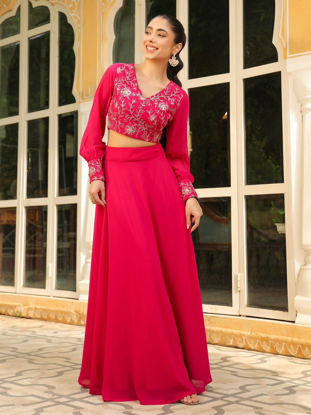 Janasya Pink Georgette Embroidered Top & Skirt | Grocsy