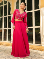 Janasya Pink Georgette Embroidered Top & Skirt | Grocsy