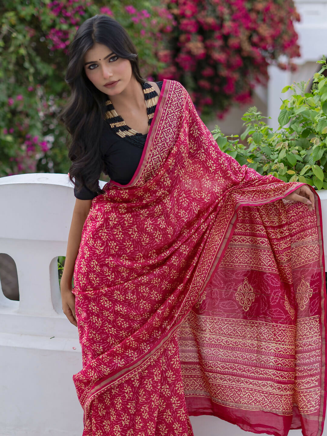 Zibaa Hand-Blocked Pure Chanderi Silk Pink Saree | Grocsy