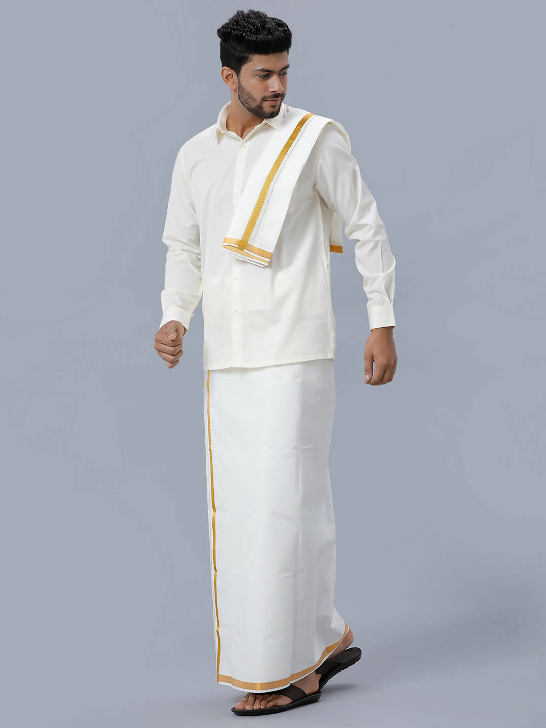 Ramraj Cotton Premium Wedding Cream Readymade Dhoti, Shirt & Towel Set Dhanvanthri | Grocsy