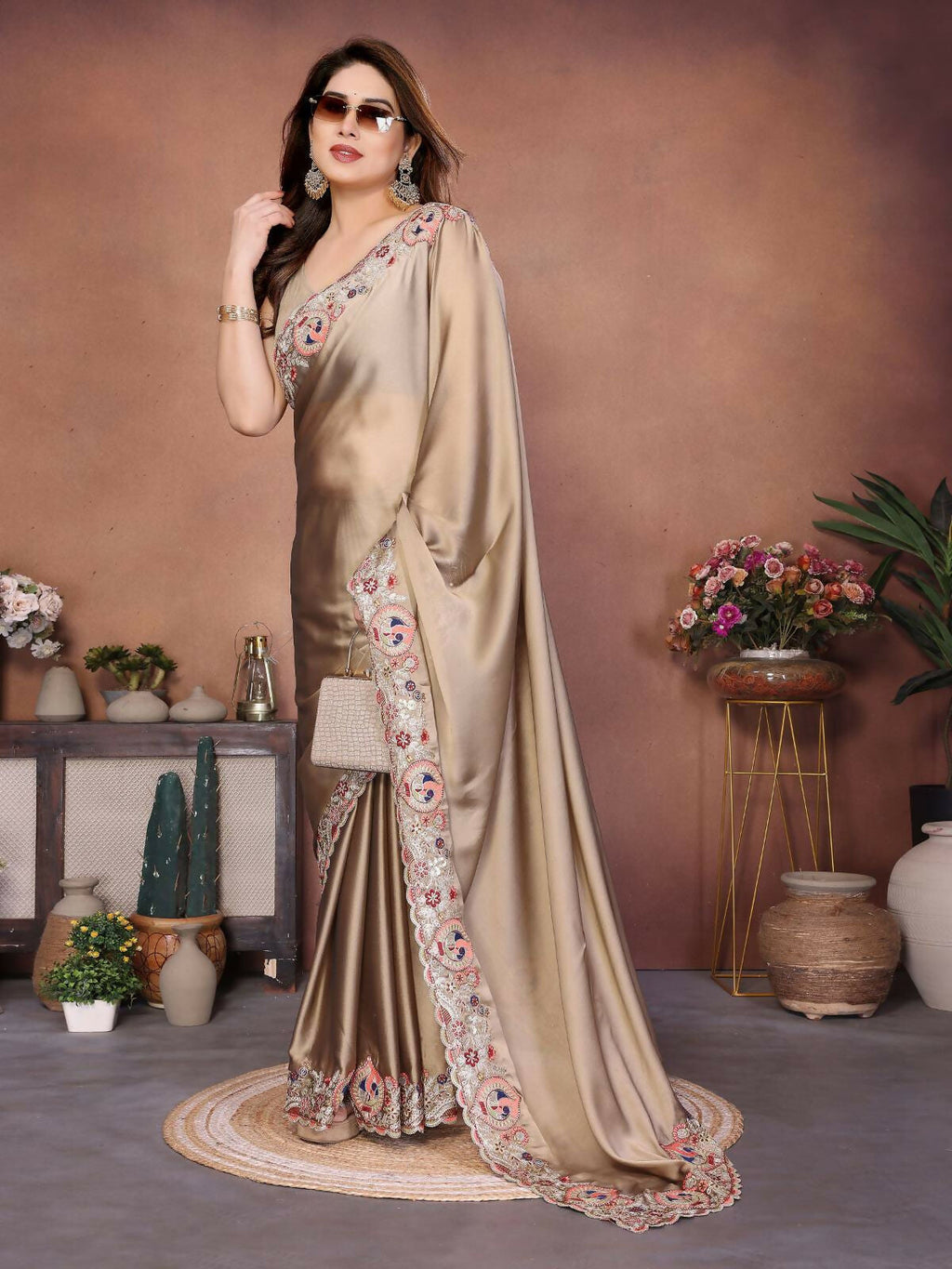 Teeya Creation New Trendy Party Wear Soft Silk Saree-Brown | Grocsy