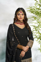 Aayaa Designer Faux Gorgette Embroidery Zari Sequins Thread work Full Flaired plazzo Suit with Dupatta - Black | Grocsy
