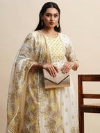 White And Yellow Pure Cotton Floral Printed Anarkali Kurta And Bottom With Dupatta - Akashara | Grocsy