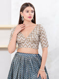 Joban Fashion Grey Jacquard Elbow Sleeveless Back Open Blouse | Grocsy