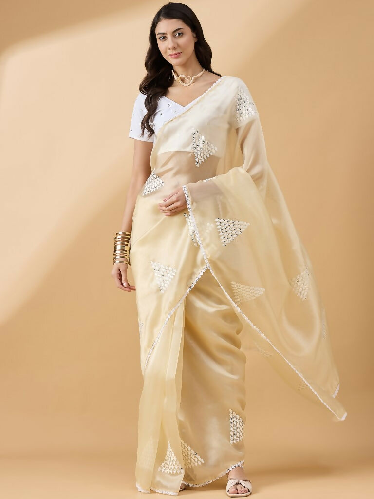 Yellow Tissue Slub Embroidered Saree with Unstitched Blouse - Vairagi | Grocsy