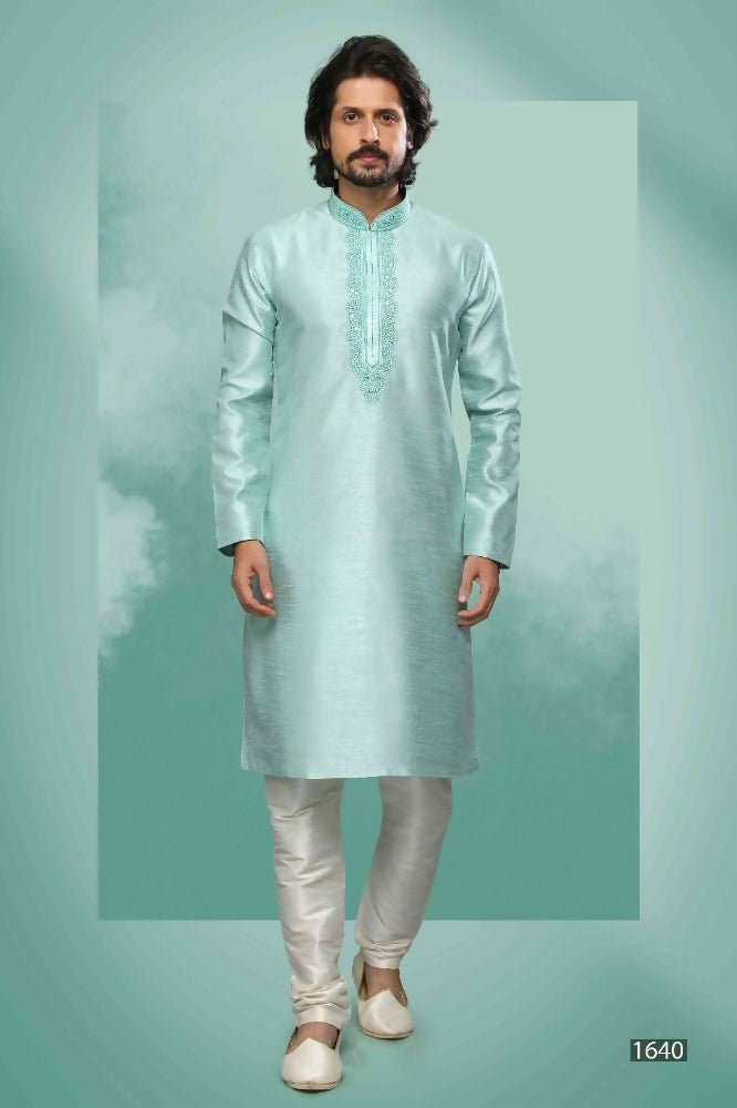 Raivat Ethnic Art Silk Mirror Embroidery Work Kurta Pajama In Pista Green Colour | Grocsy