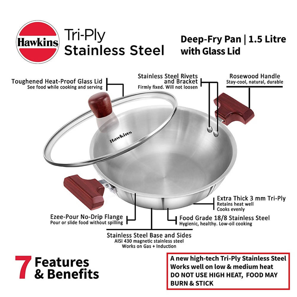 Hawkins Tri-Ply Stainless Steel Deep-Fry Pan with Glass Lid Silver (SSD15G) | Grocsy