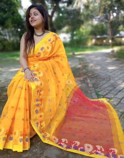 Exclusive Collection Yellow Beautiful Handloom Silk Cotton Saree | Grocsy