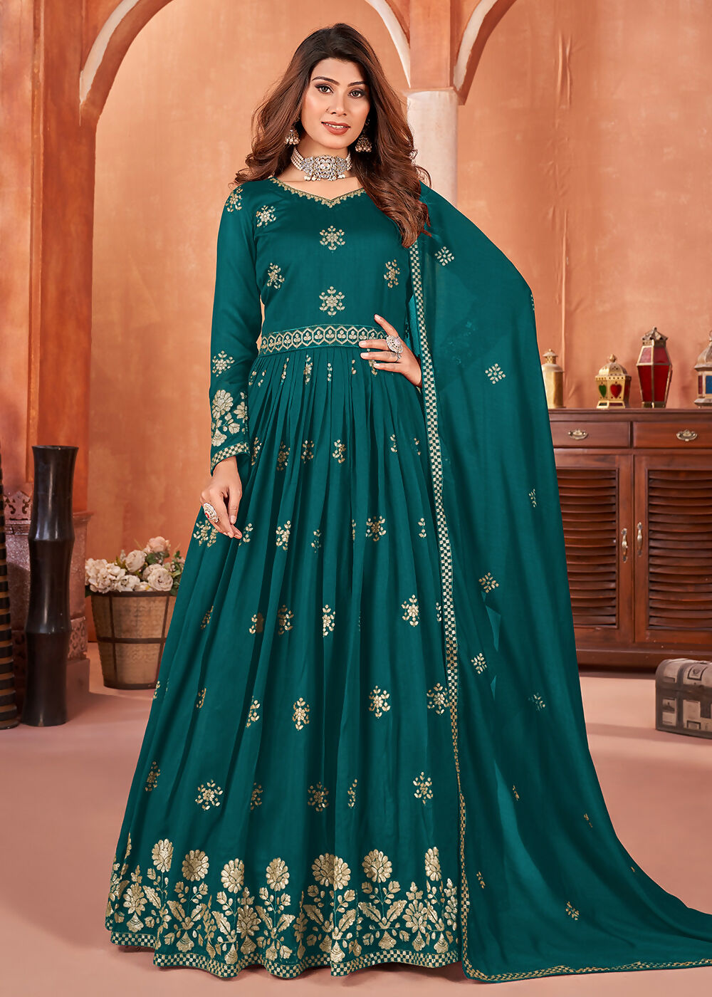 Rama Green Festive Embroidered Art Silk Anarkali Suit - Emponline | Grocsy
