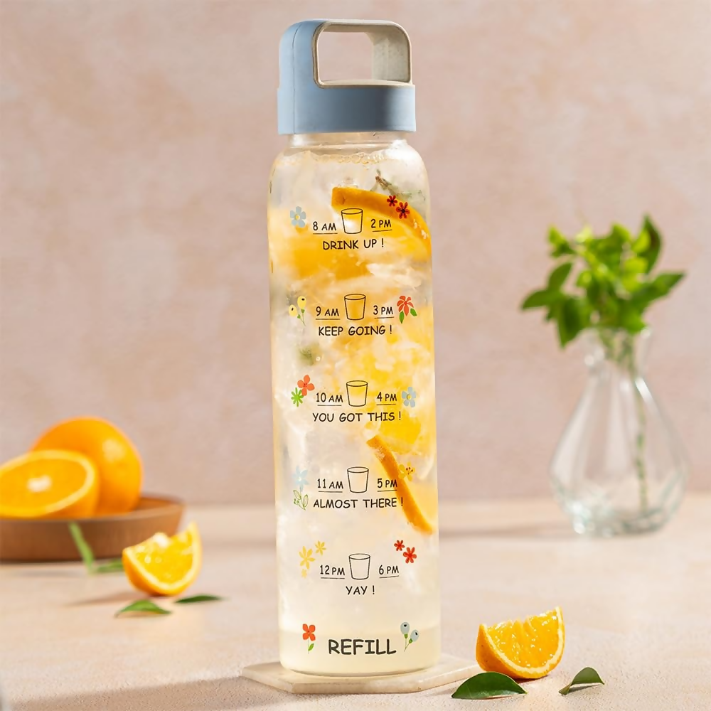Borosil Neo Motivational Time Marker Bottle with Husk Lid | Grocsy