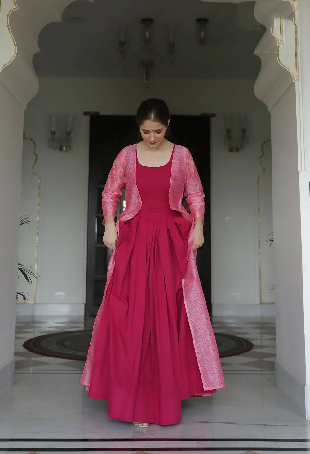 Partywear Designer Digital print Pink Maslin Gown - Anbazaar | Grocsy