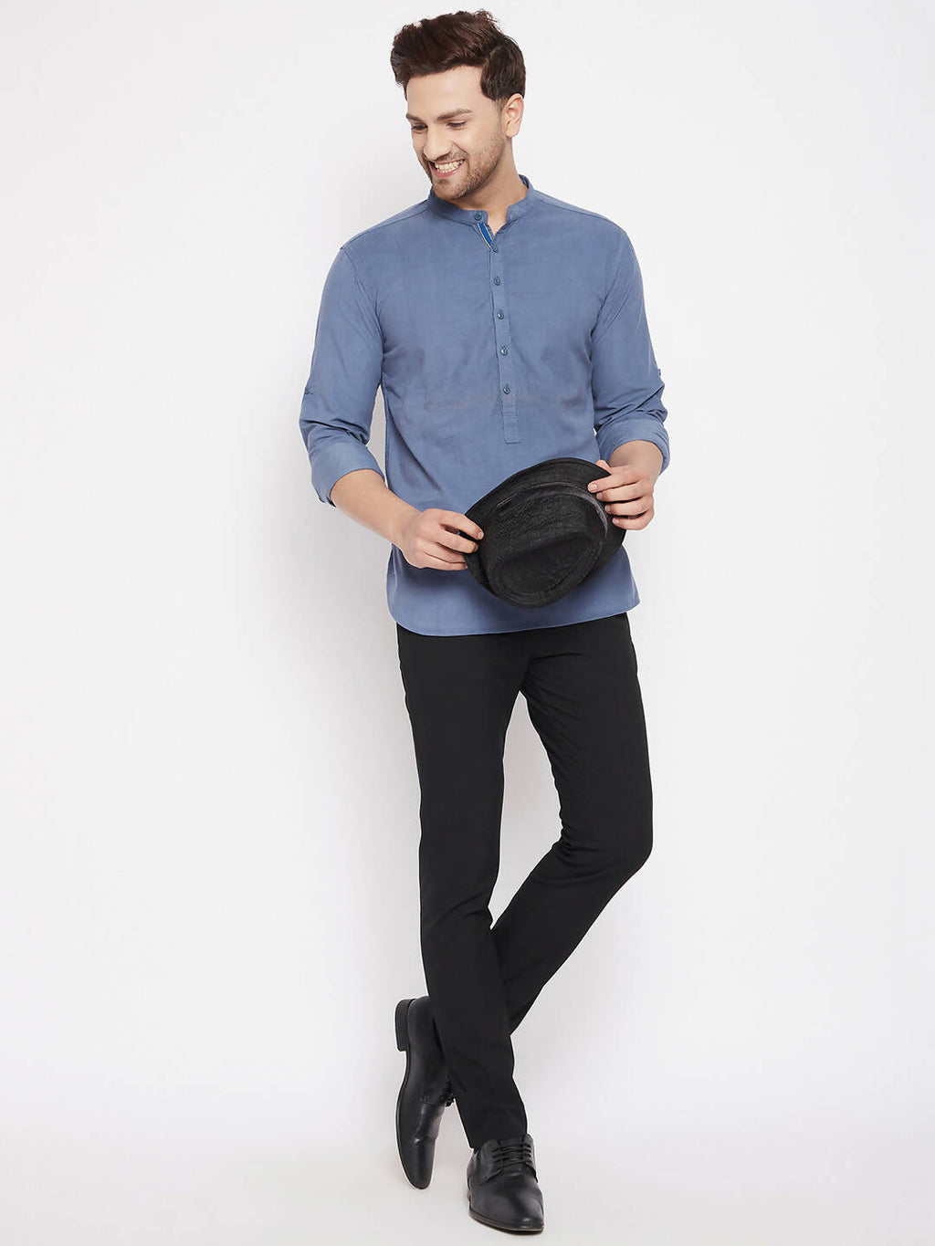 Even Apparels Blue Color Pure Cotton Short Men's Kurta With Band Collar | Grocsy