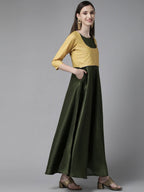 Ahalyaa Womens Olive Art Silk Solid Dress with Jacket | Grocsy