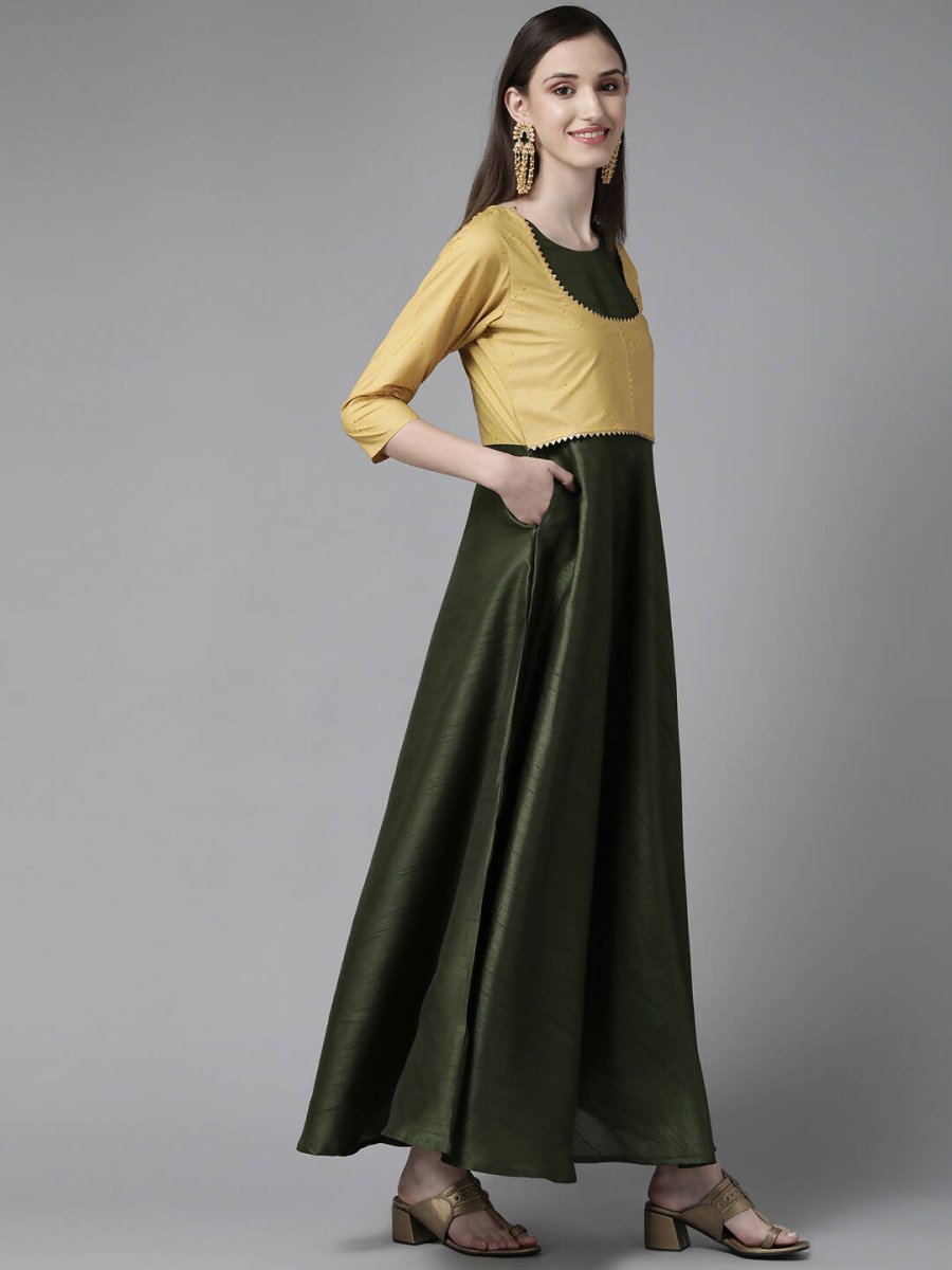 Ahalyaa Womens Olive Art Silk Solid Dress with Jacket | Grocsy