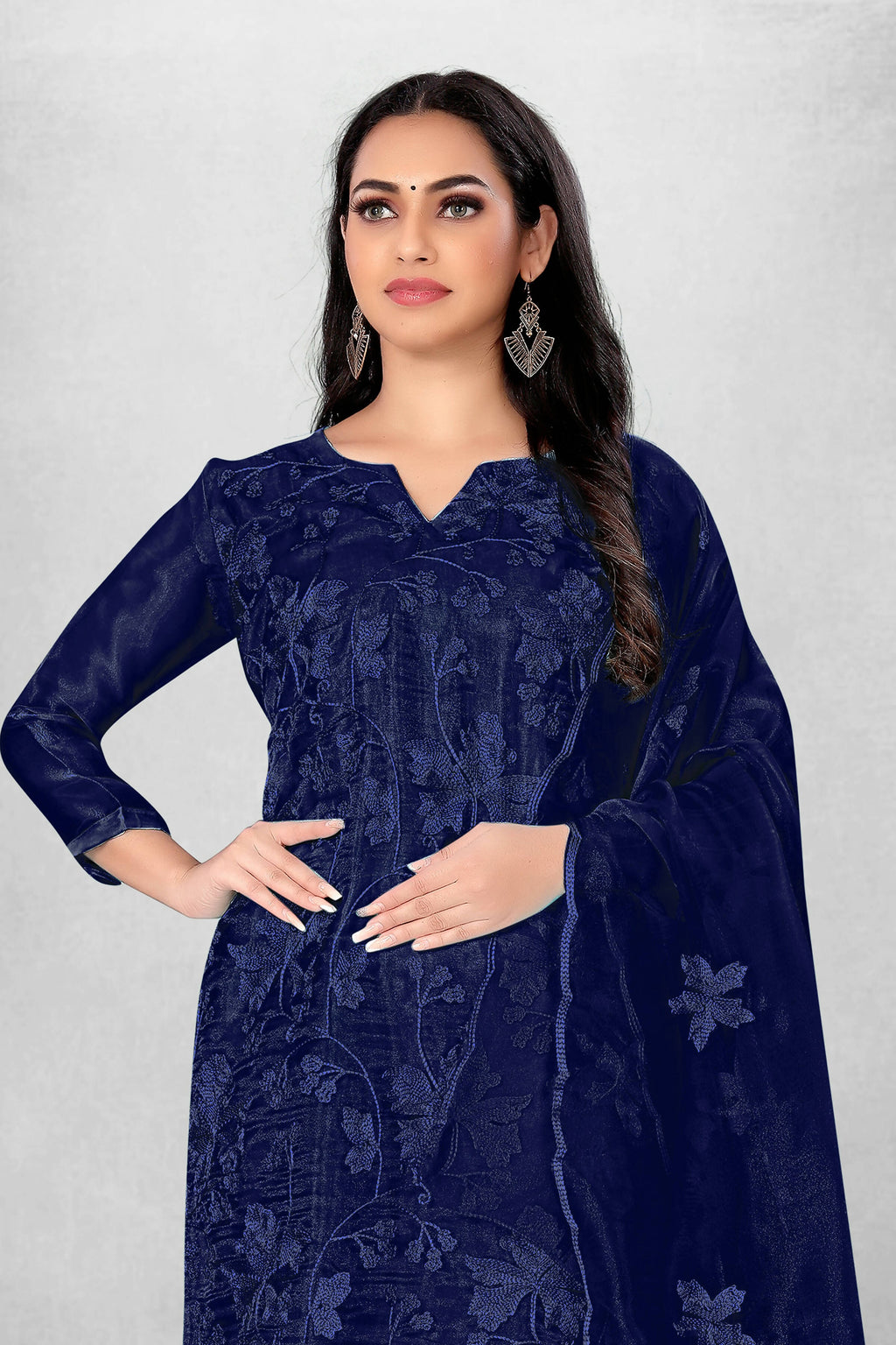 Navy Blue Heavy Organza Silk Embroidered Unstitched Dress Material - Amara | Grocsy