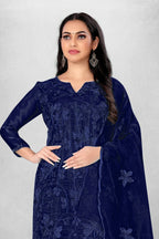 Navy Blue Heavy Organza Silk Embroidered Unstitched Dress Material - Amara | Grocsy