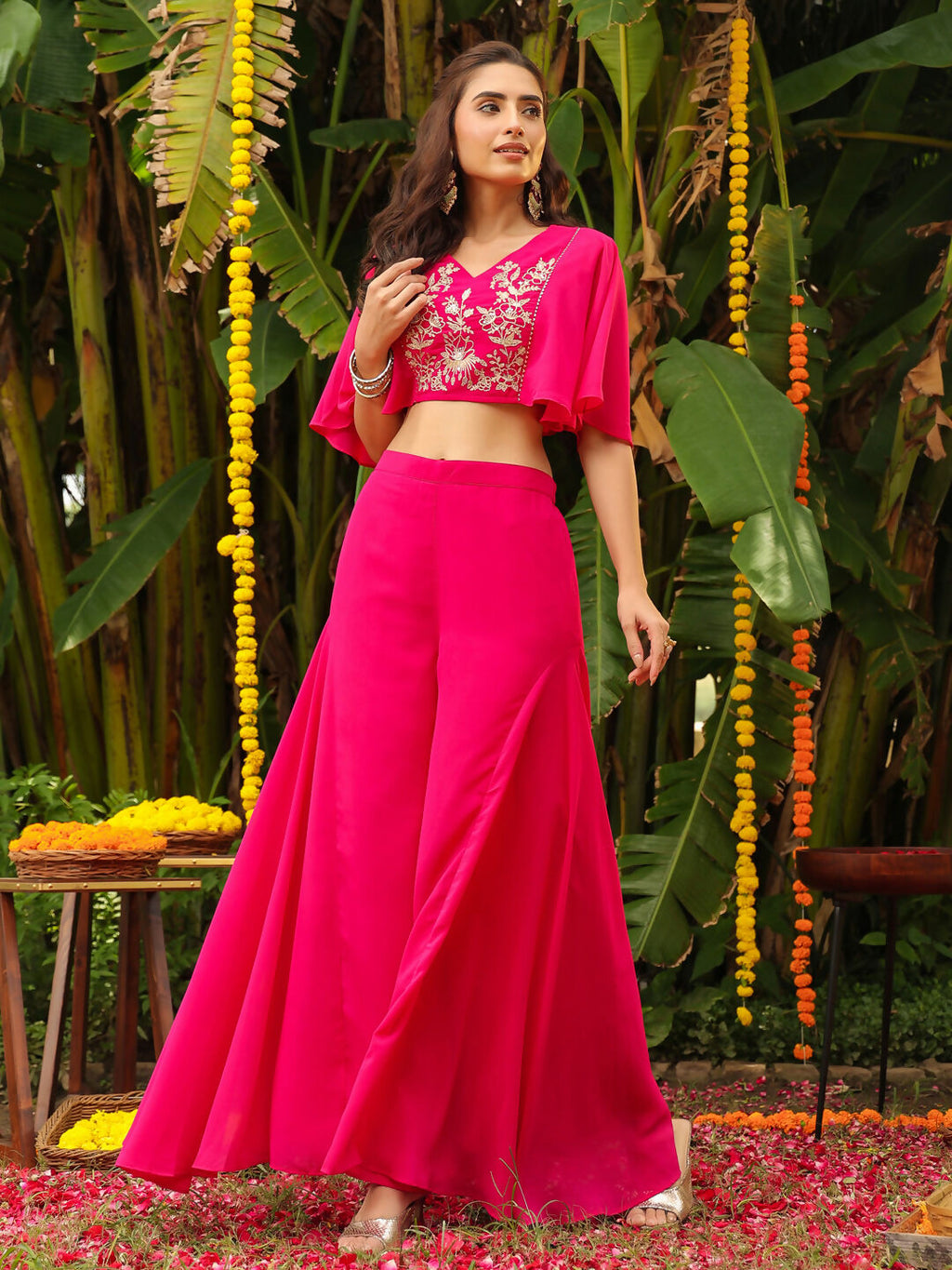 Janasya Pink Georgette Yoke Embroidery Co-Ords | Grocsy