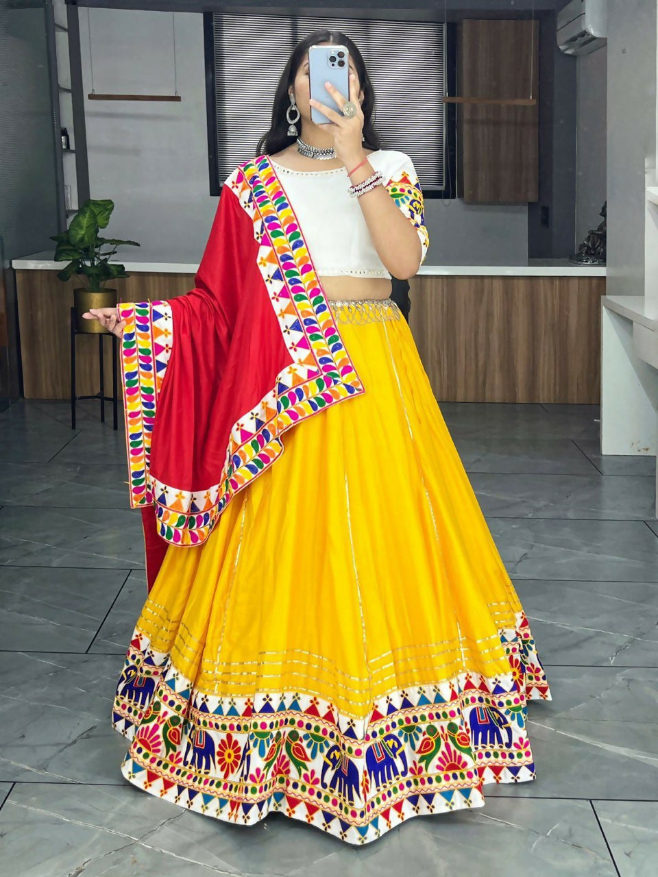 Yash Enterprise Yellow Rayon Cotton Embroidery Semi Stitched Navratri Chaniya Choli | Grocsy