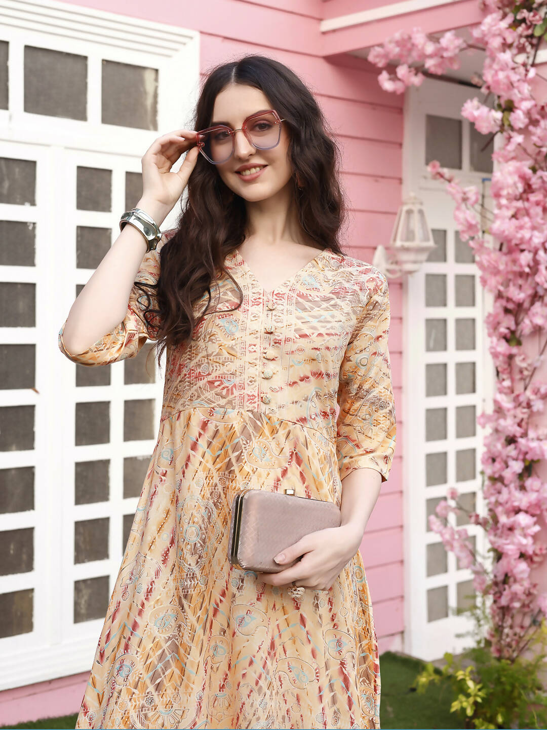Peach Rayon Foil Printed Long Dress - Michan | Grocsy