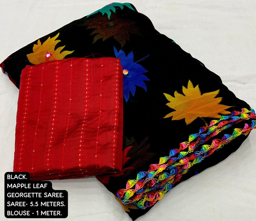Black Poly Georgette Ethnic Motifs Saree with Unstitched Blouse - A2M | Grocsy
