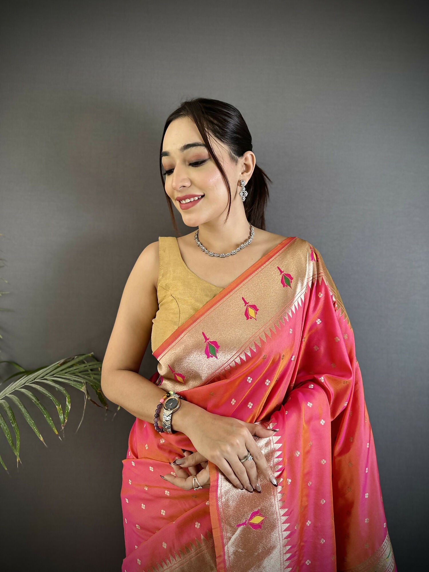 Joban Fashion Rose Pink Peacock & Floral Motifs Soft Lichi Silk Kanchipuram Saree | Grocsy