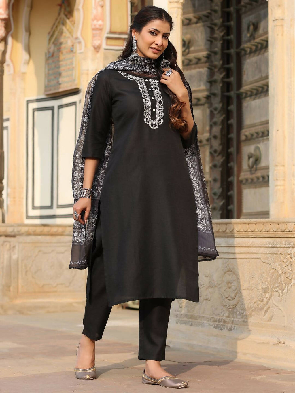 Juniper Women's Black Silk Solid Embroidered Kurta Set | Grocsy