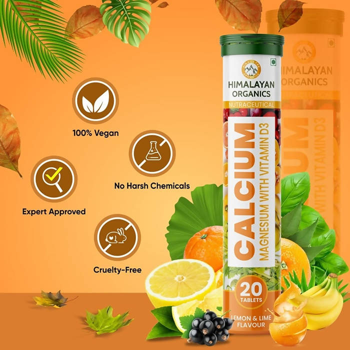 Himalayan Organics Calcium, Magnesium With Vitamin D3 Lemon & Lime Flavour Tablets | Grocsy