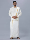 Ramraj Cotton Mens Wedding Set Cream Regular Dhoti, Shirt & Towel Arathi 1/2" | Grocsy