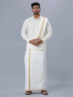 Ramraj Cotton Mens Wedding Set Cream Regular Dhoti, Shirt & Towel Arathi 1/2" | Grocsy