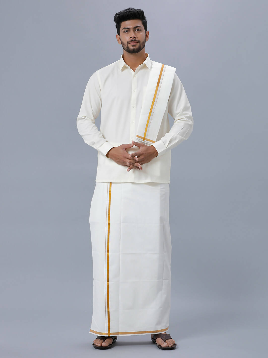 Ramraj Cotton Mens Wedding Set Cream Regular Dhoti, Shirt & Towel Arathi 1/2" | Grocsy