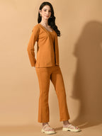 Myshka Women's Mustard Solid Coat With Trousers | Grocsy