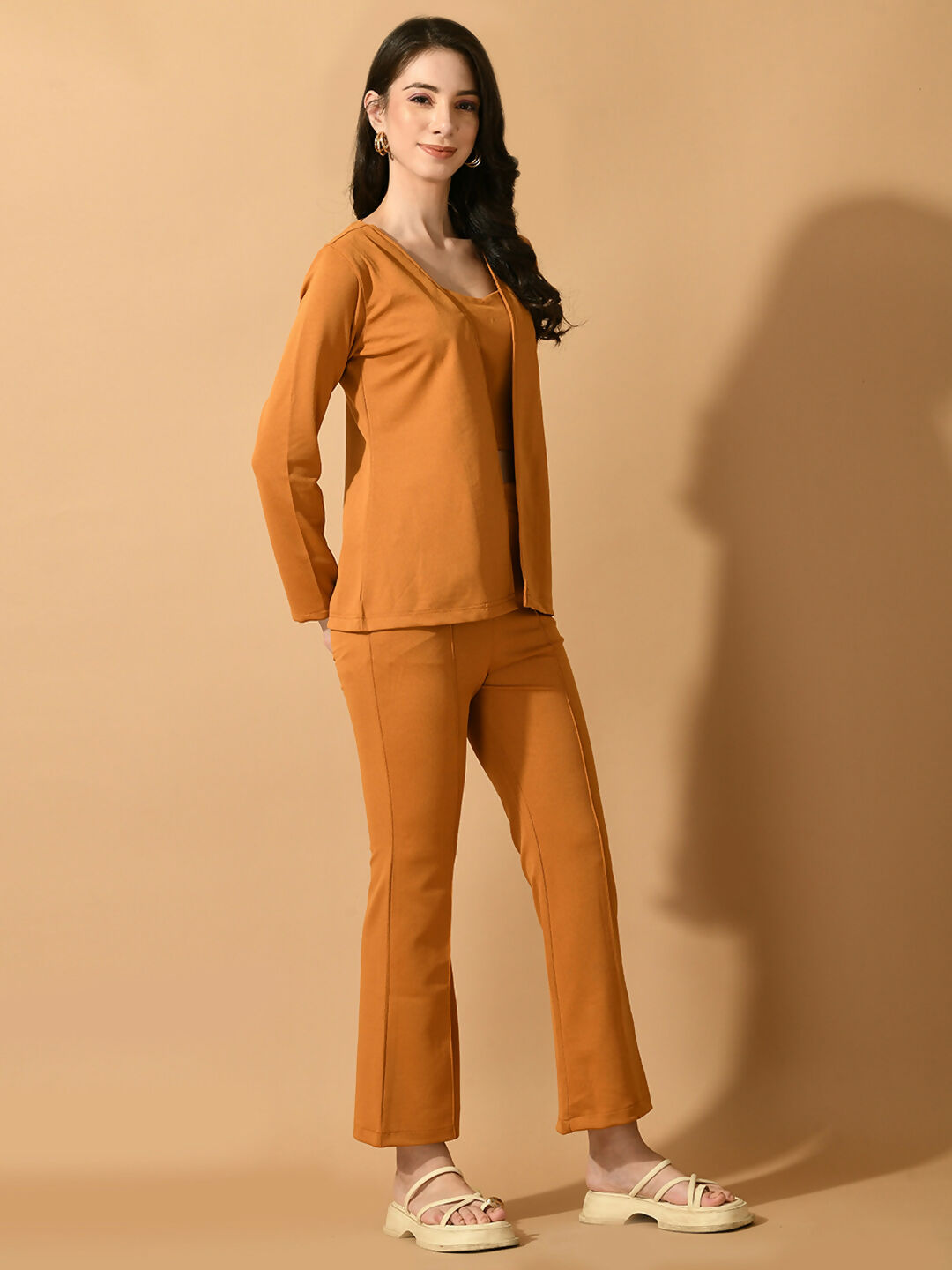 Myshka Women's Mustard Solid Coat With Trousers | Grocsy