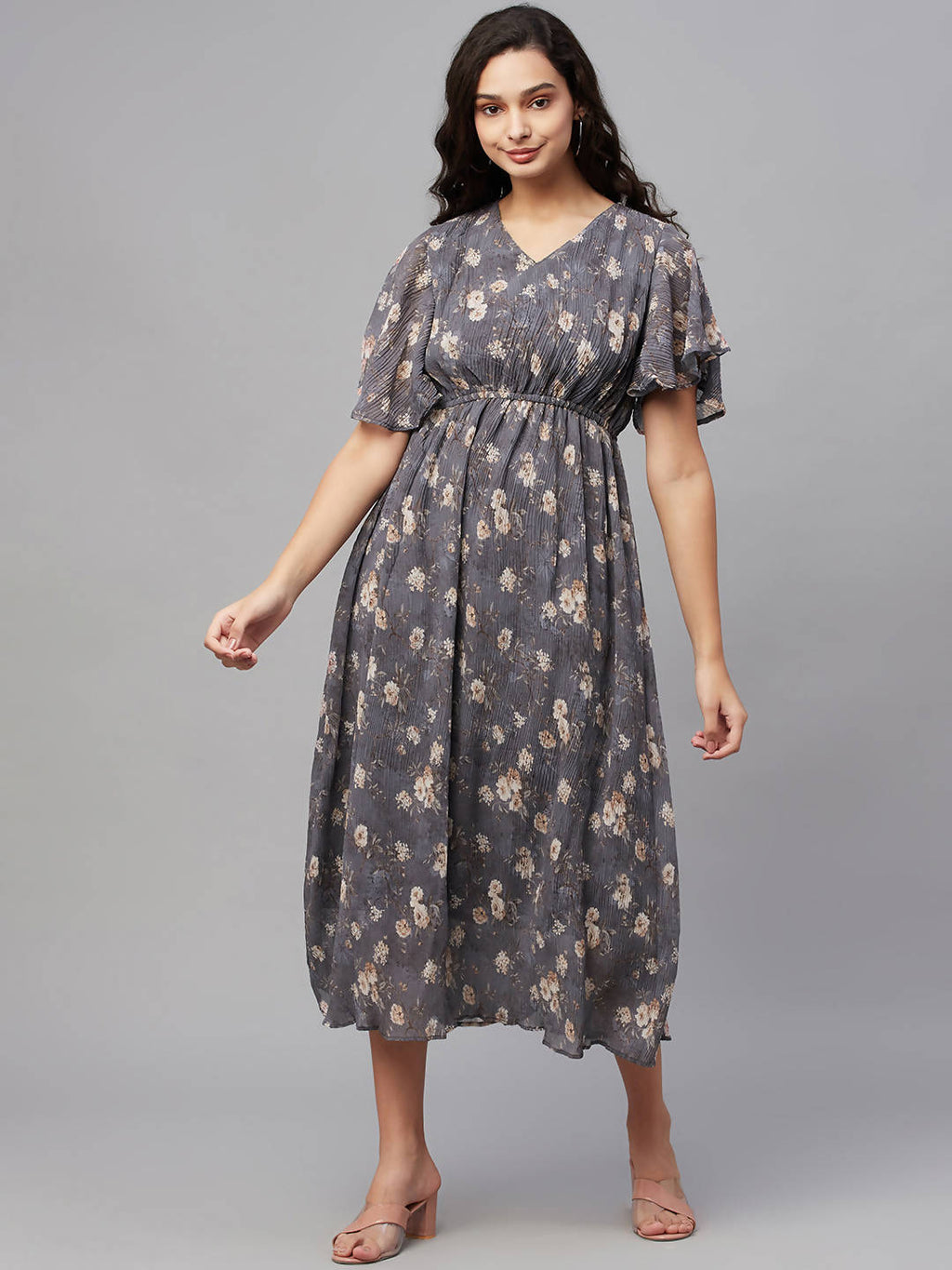 Myshka Women Grey Printed Half Sleeve V Neck Dress | Grocsy