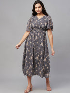 Myshka Women Grey Printed Half Sleeve V Neck Dress | Grocsy