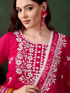 Sangria Pink Floral Embroidered Thread Work Pure Cotton Kurta & Trousers & Dupatta | Grocsy