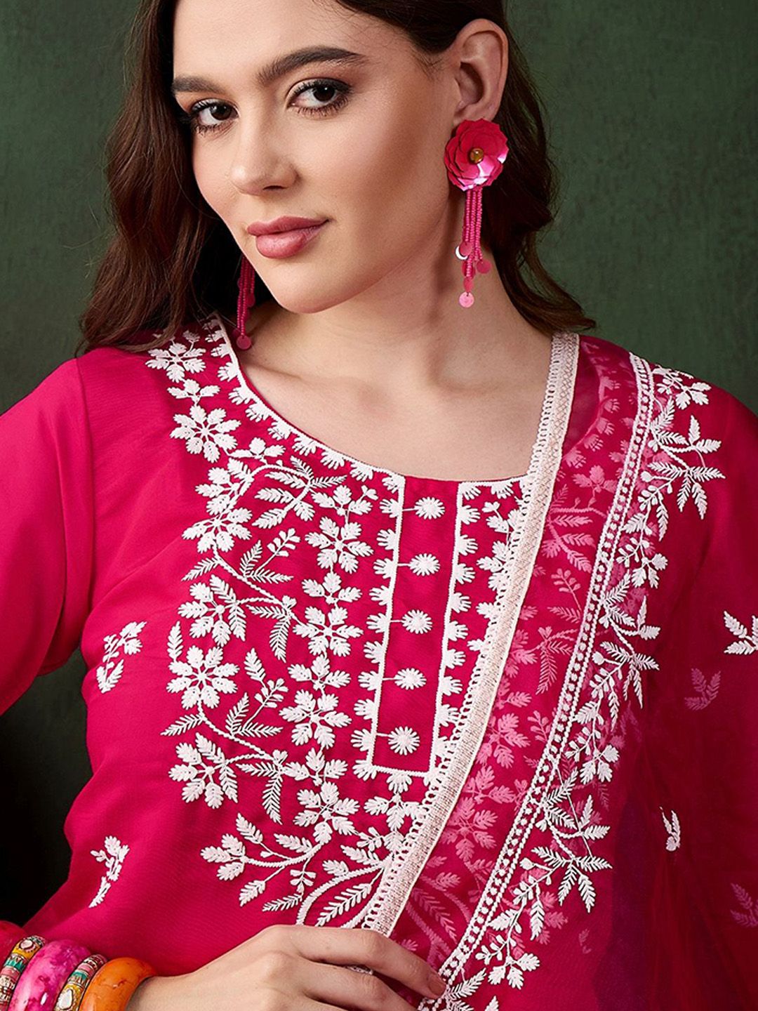 Sangria Pink Floral Embroidered Thread Work Pure Cotton Kurta & Trousers & Dupatta | Grocsy