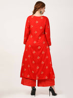 Cheera Embellished Daily Wear Cotton Blend Kurta With Palazoo - Red | Grocsy