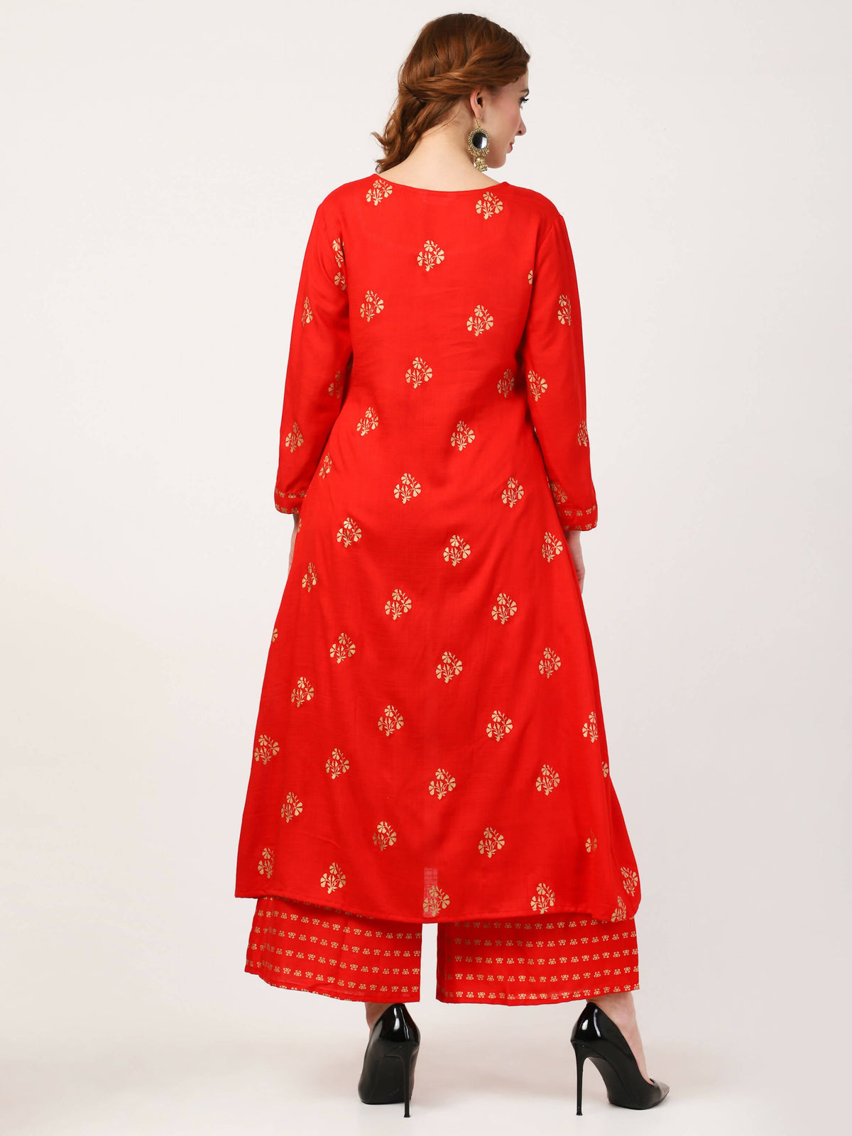 Cheera Embellished Daily Wear Cotton Blend Kurta With Palazoo - Red | Grocsy